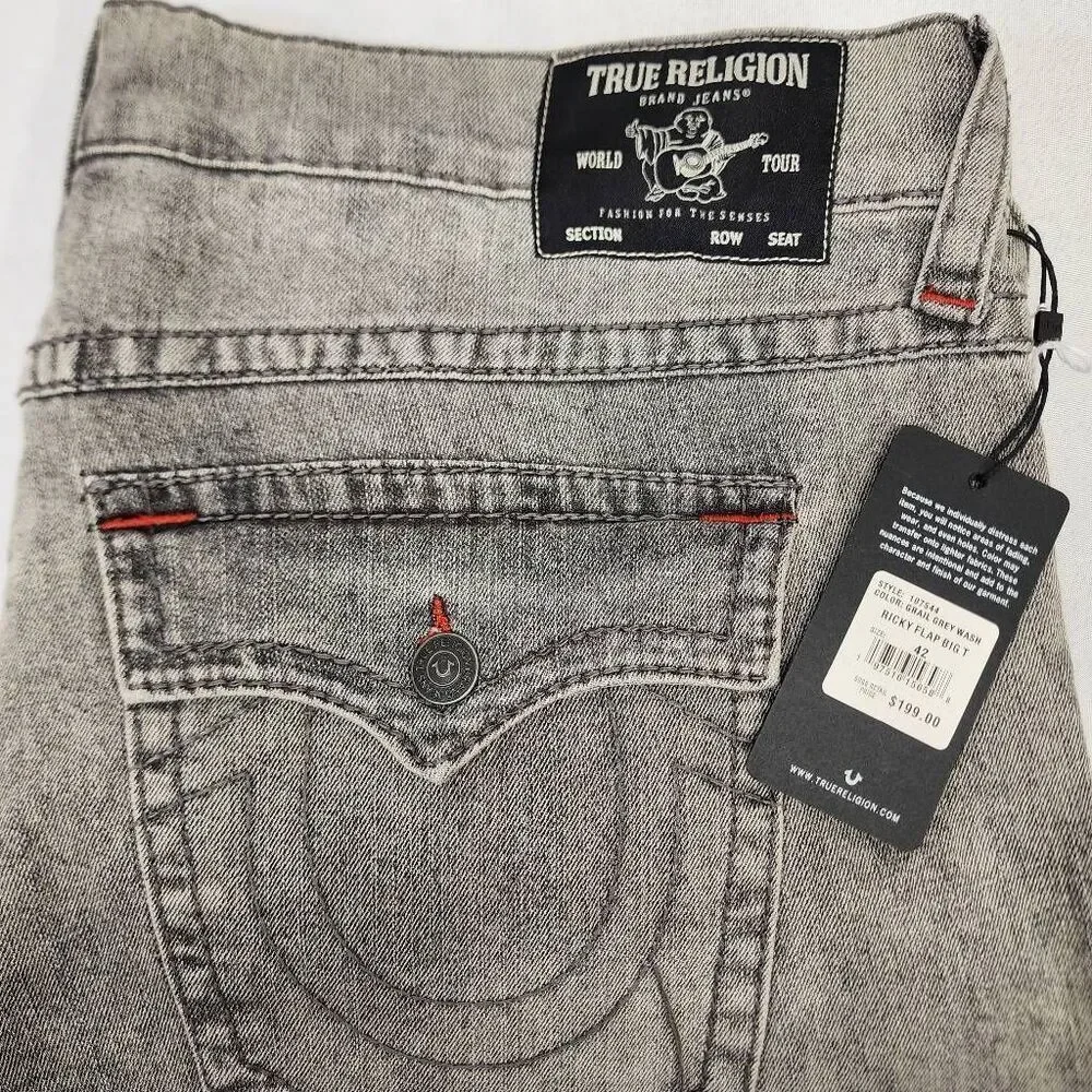 True Religion Ricky Relaxed Straight Jeans Gray Wash T Flap Pocket Size 42